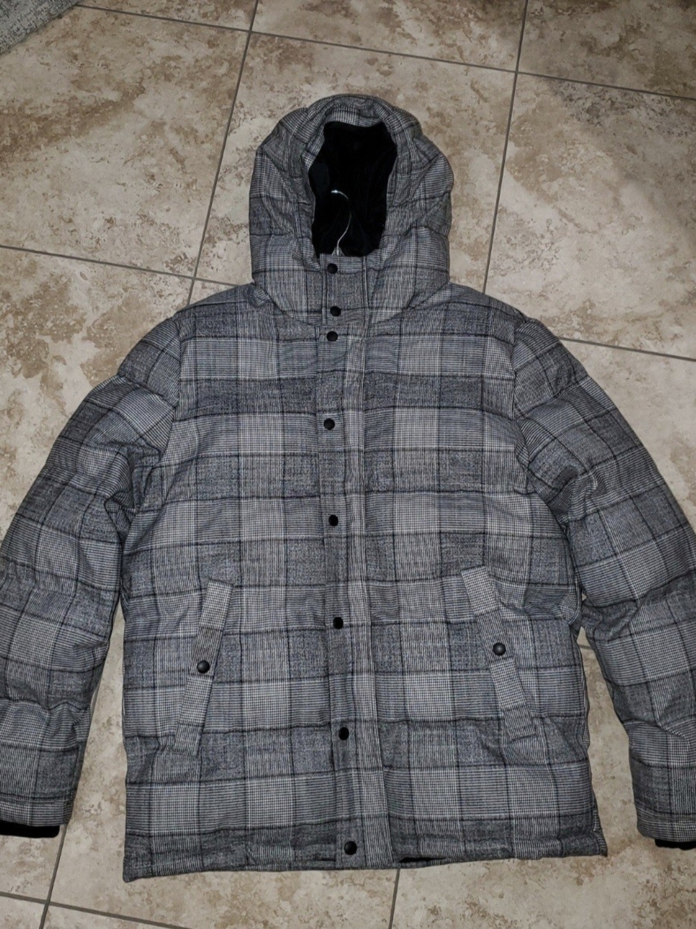 Express Water Resistant Men's Gray Plaid Hooded Puffer Coat Large